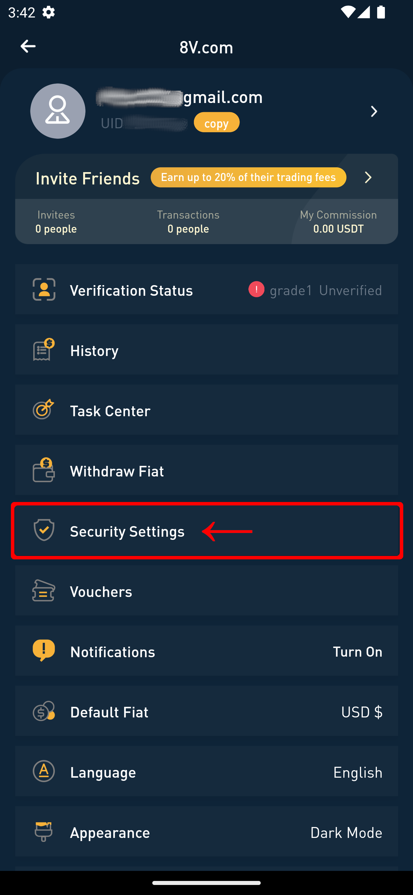 screenshot of 8V app account settings page with security settings selection highlighted