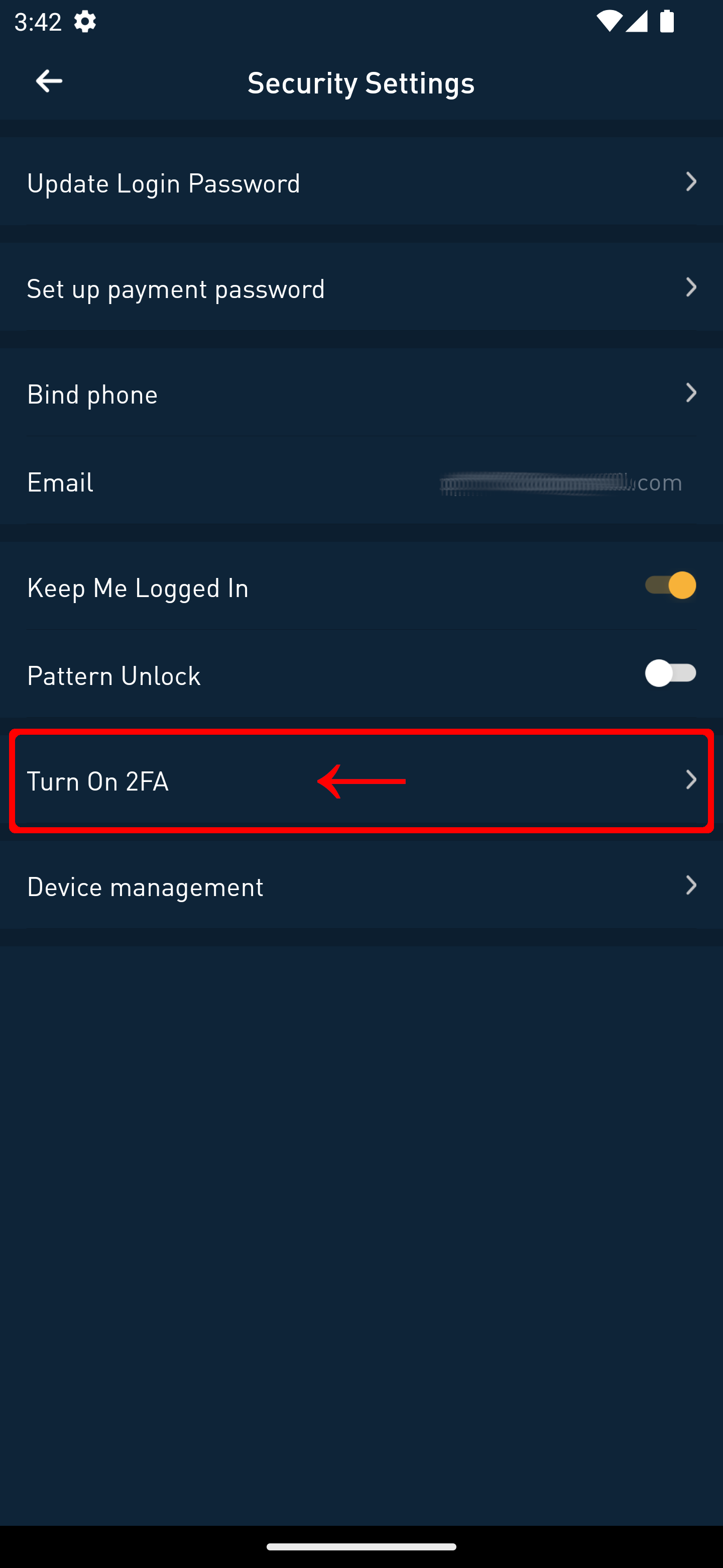screenshot of 8V app security settings page with Turn on 2FA selection highlighted