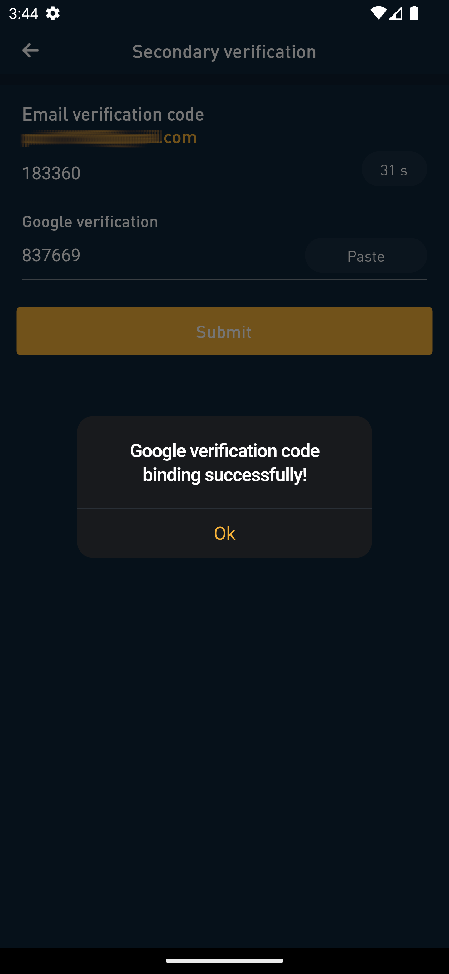 Screenshot of 8V app google 2fa bind successful popup