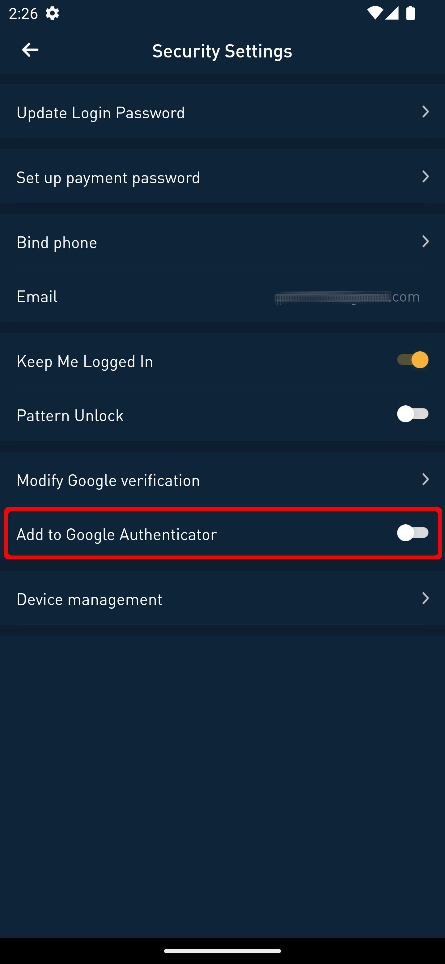 Screenshot of 8V app Security settings page with add to google authenticator selection highlighted