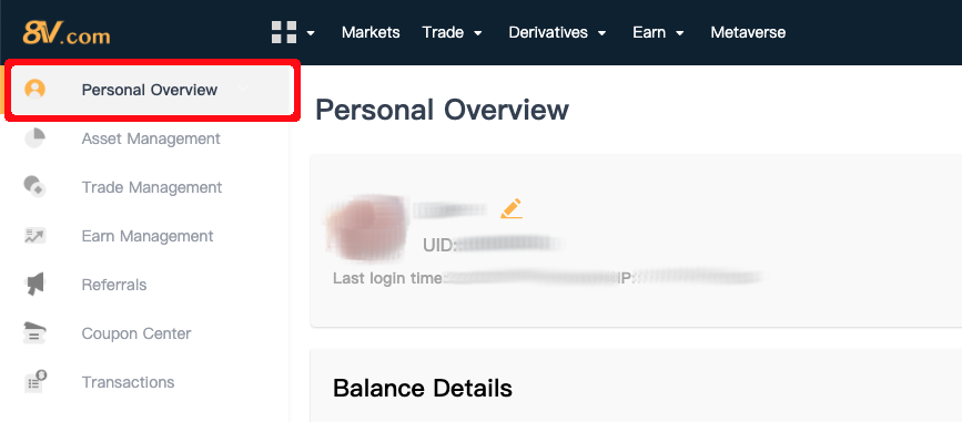 screenshot of 8v.com personal overview page with "personal overview" selection highlighted