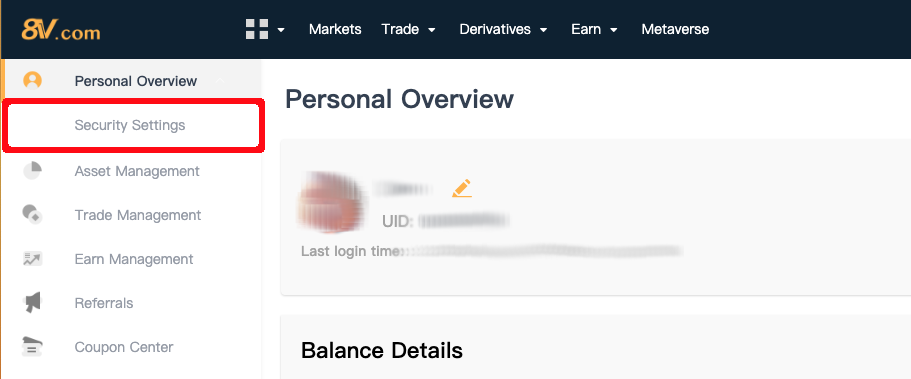 screenshot of 8v.com personal overview page with "security settings" selection highlighted