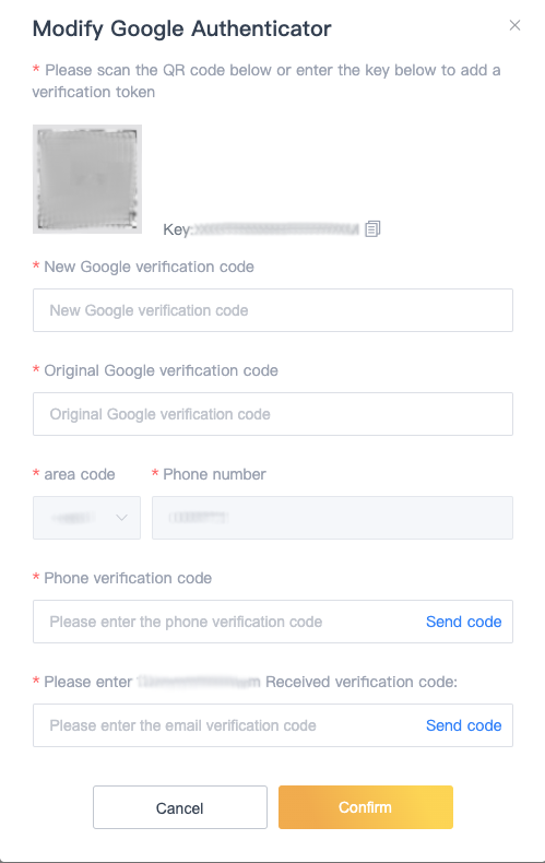 8V.com Modify Google Authenticator popup with fields to enable the user to connect a new device authentication to the account
