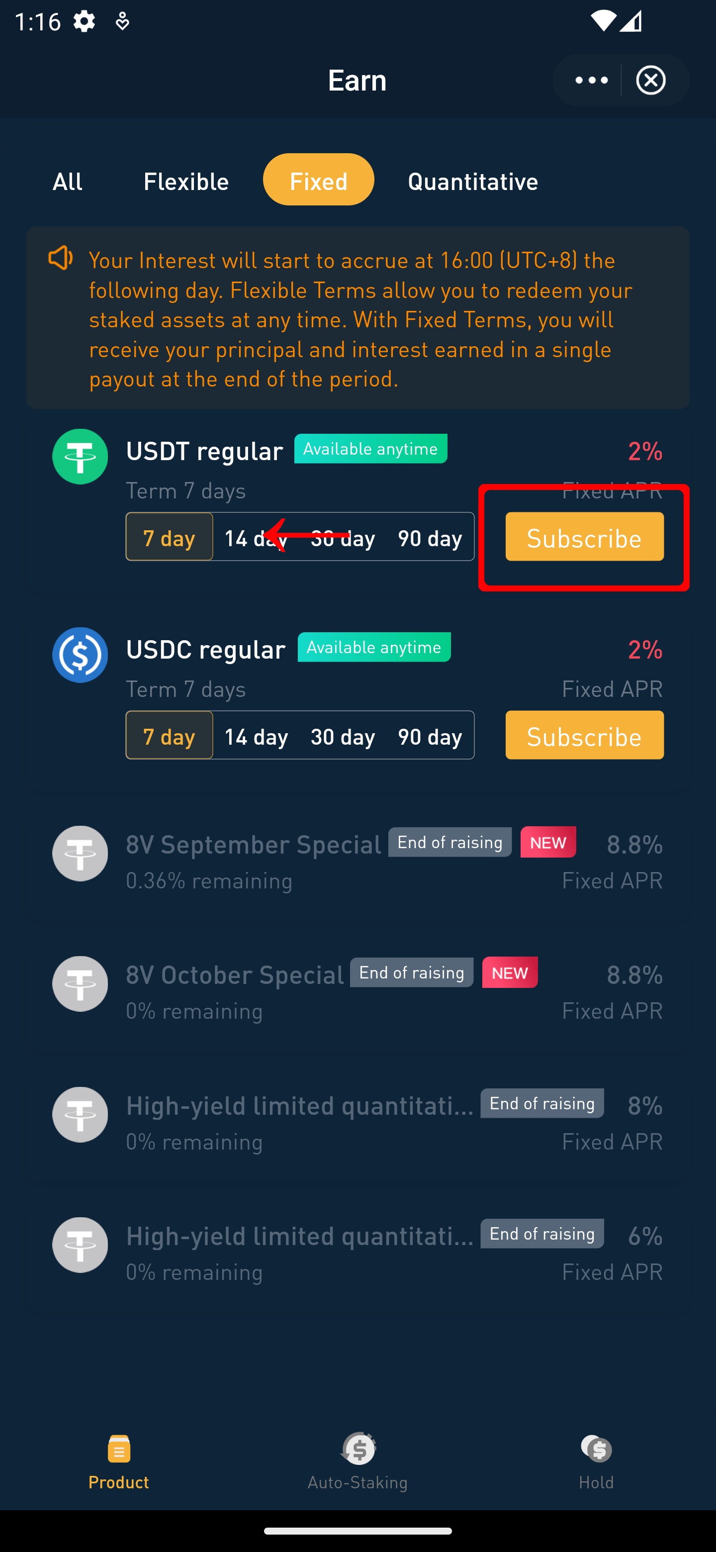 screenshot of 8V app Fixed Earn page with USDT Fixed product with subscribe button highlighted