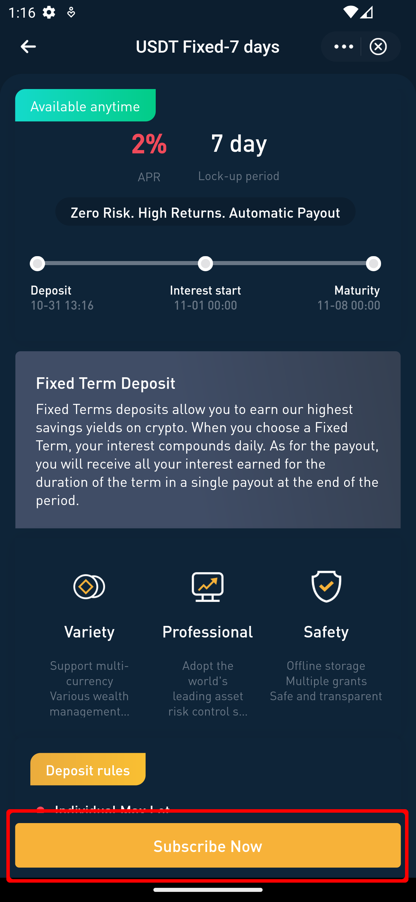 8v APP usdt 7 day Fixed earn product screenshot with subscribe now button highlighted