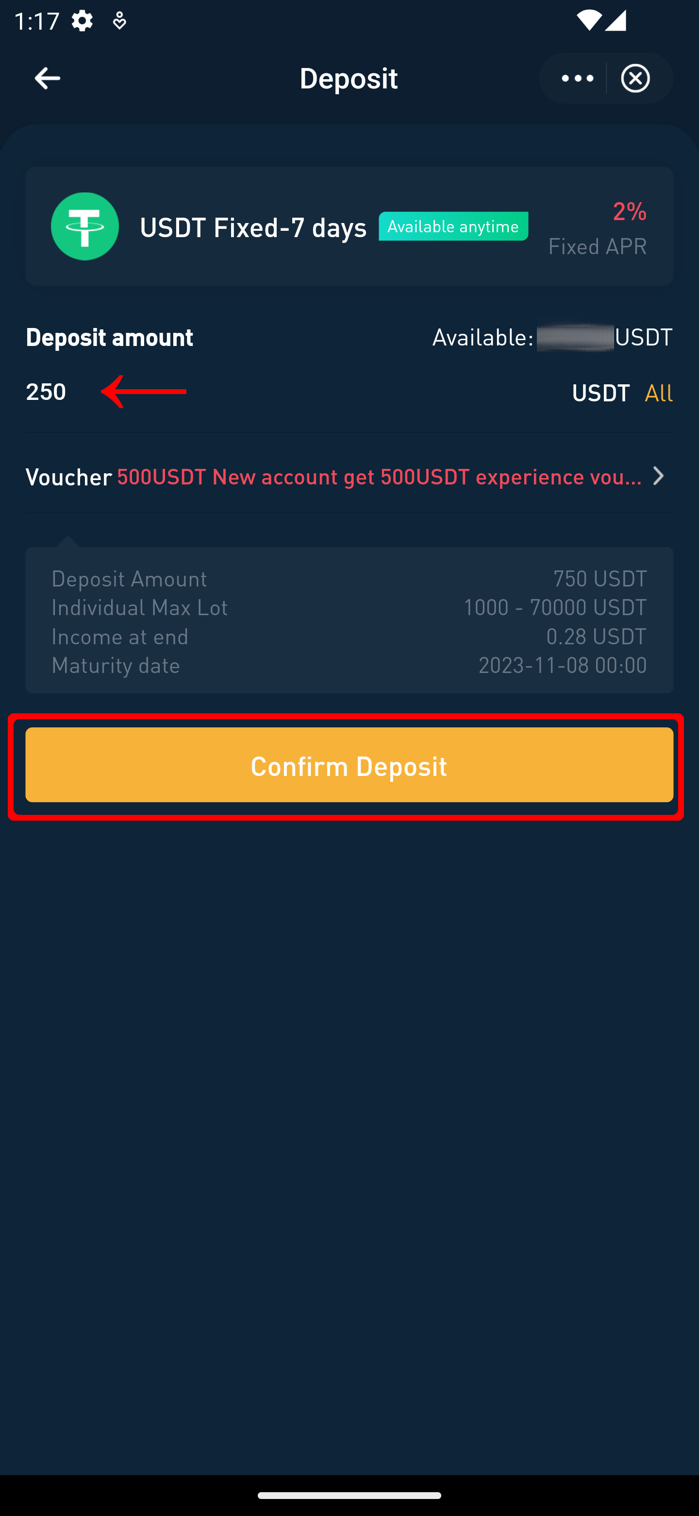8v app USDT 7day fixed earn product page screenshot with enter amount and confirm deposit highlighted