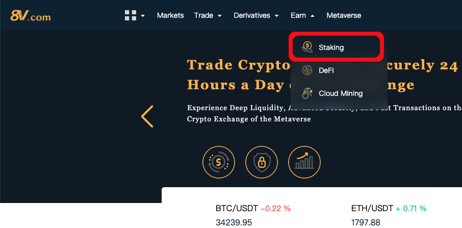 8v homepage screenshot showing the Earn, Staking menu item highlighted