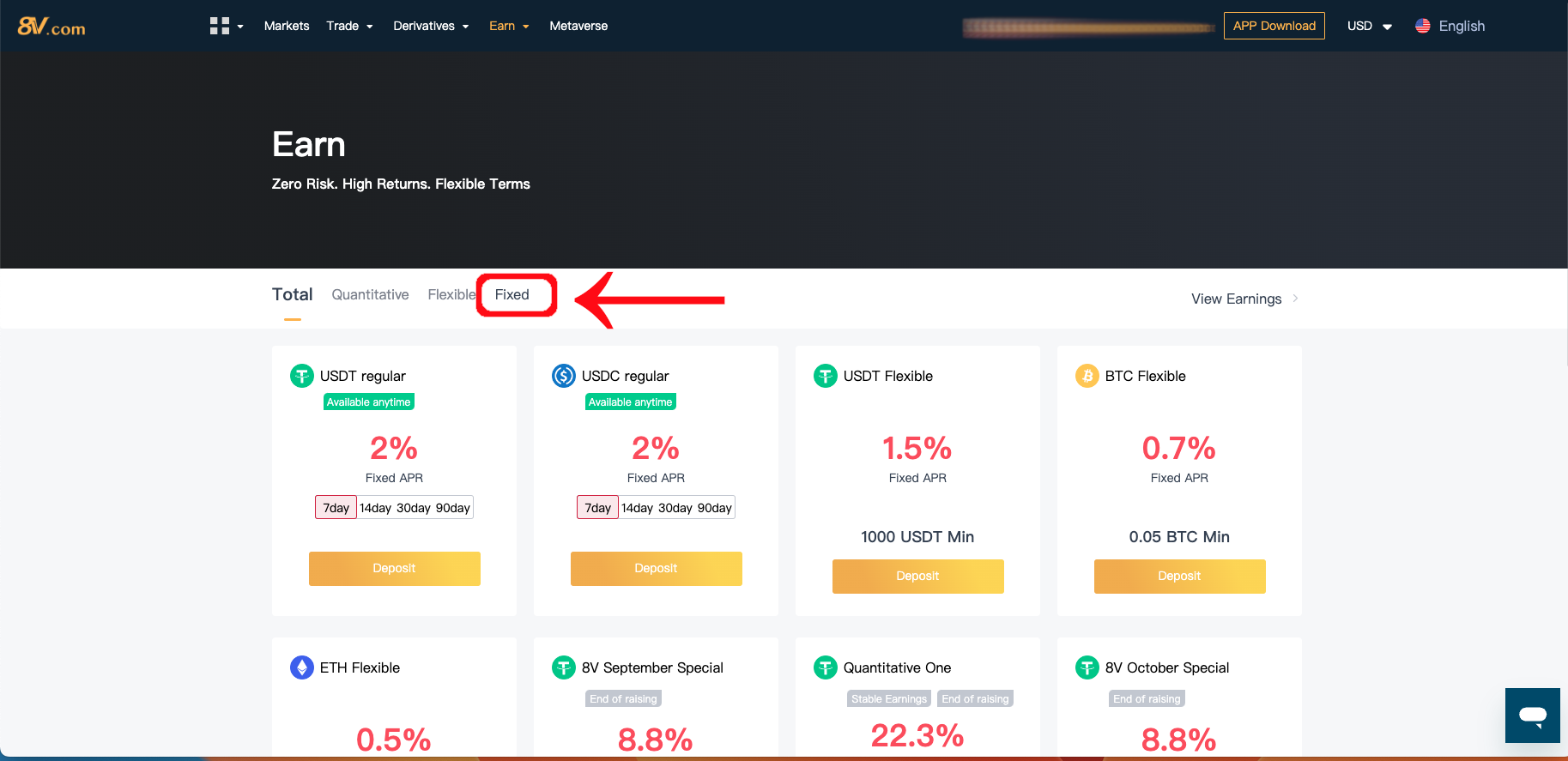 8v.com earn page screenshot showing the Fixed earn item selected