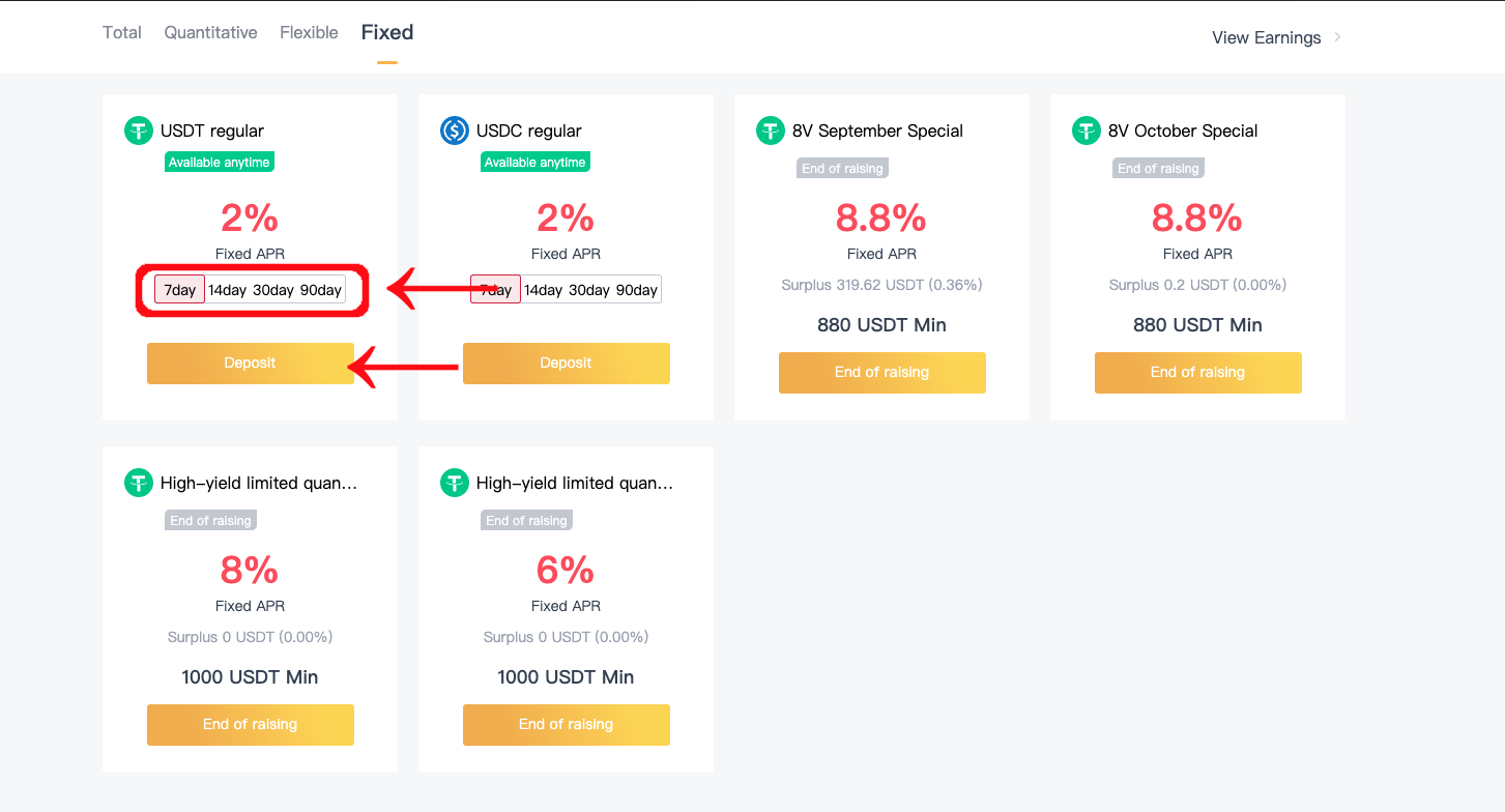8V earn page Fixed products screenshot with arrows pointing to select deposit term and deposit button