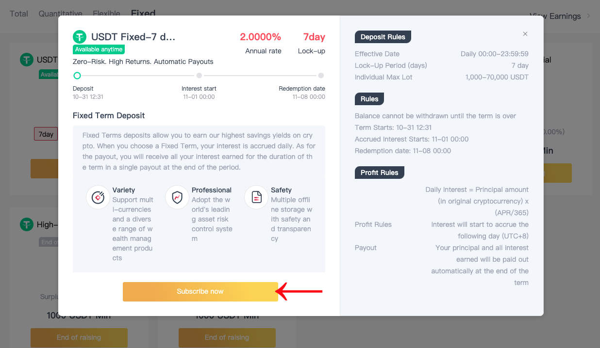 8V Earn USDT fixed term product popup screenshot with arrow pointing to subscribe now