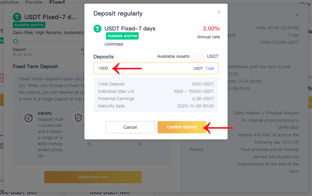 8V Earn USDT fixed product deposit popup screenshot with arrows pointing to field for deposit quantity and confirm deposit button