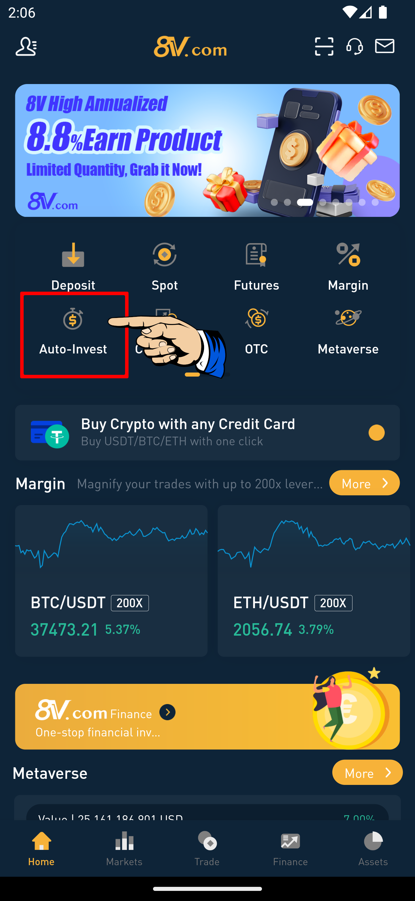 screenshot of 8V app homescreen with the auto-invest selection highlighted