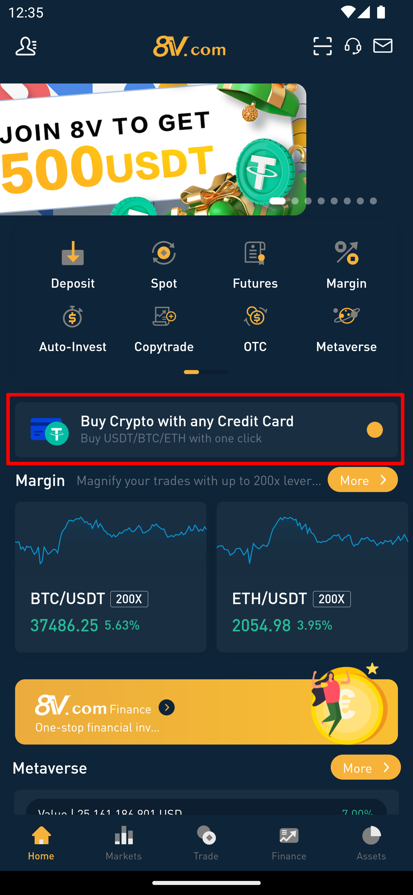 screenshot of 8V app homescreen with the buy crypto with credit card selection highlighted