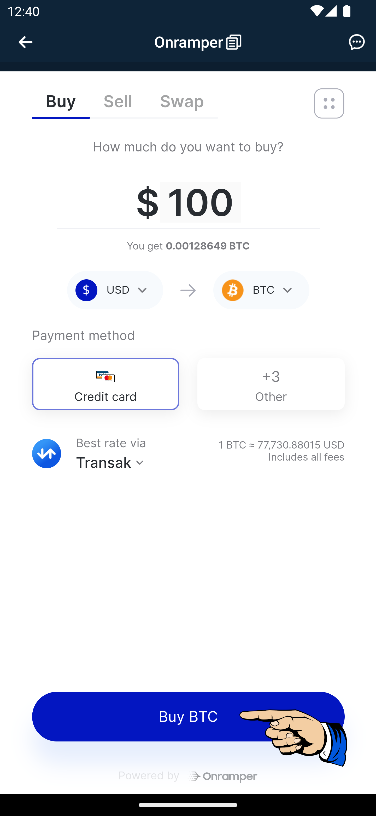 screenshot of 8V app buy crypto with credit card onramper interface with the buy button highlighted
