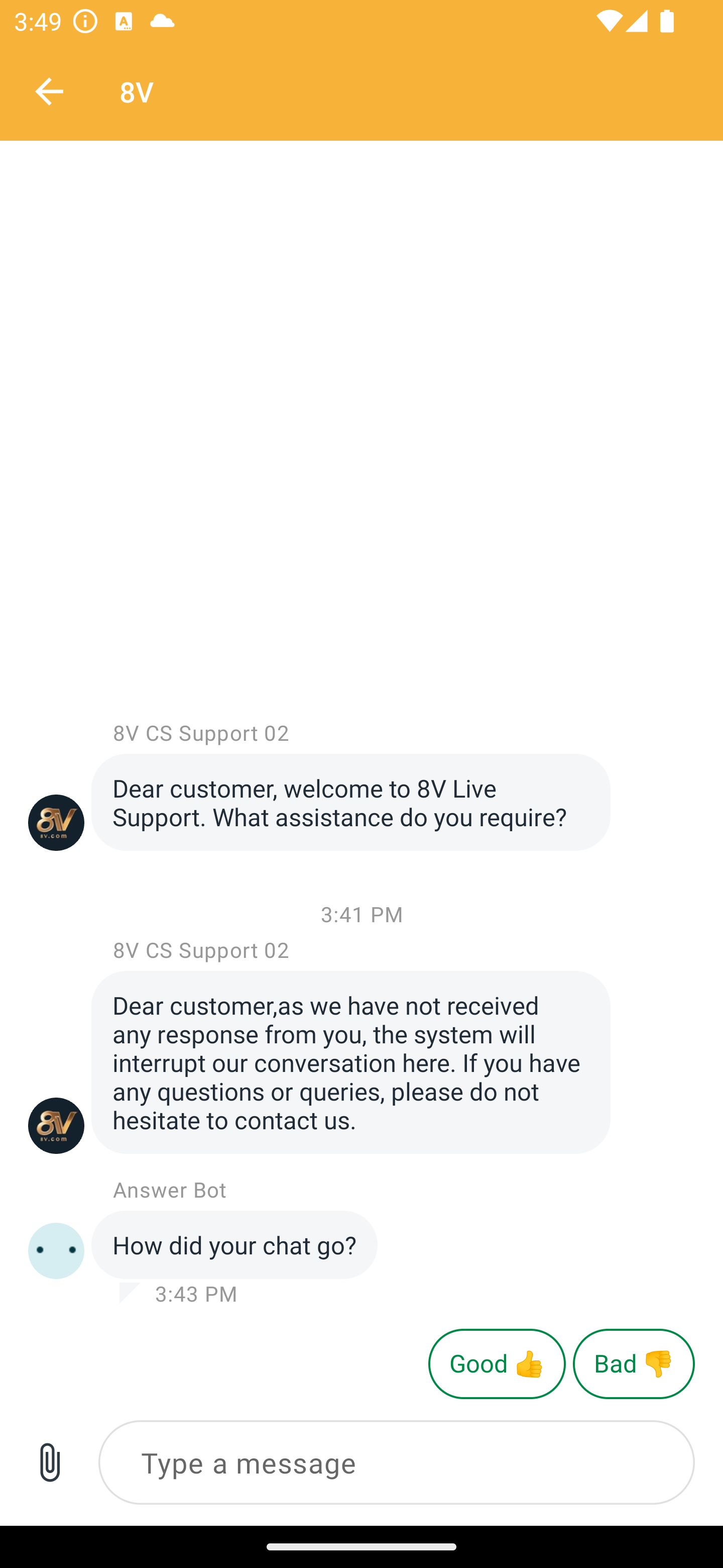 screenshot of 8V app customer support chat interface