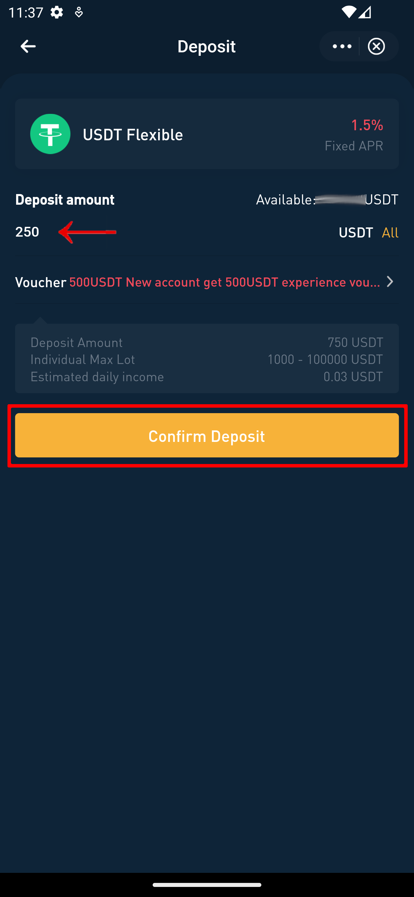 8v APP earn flexible USDT confirm deposit with confirm deposit button highlighted