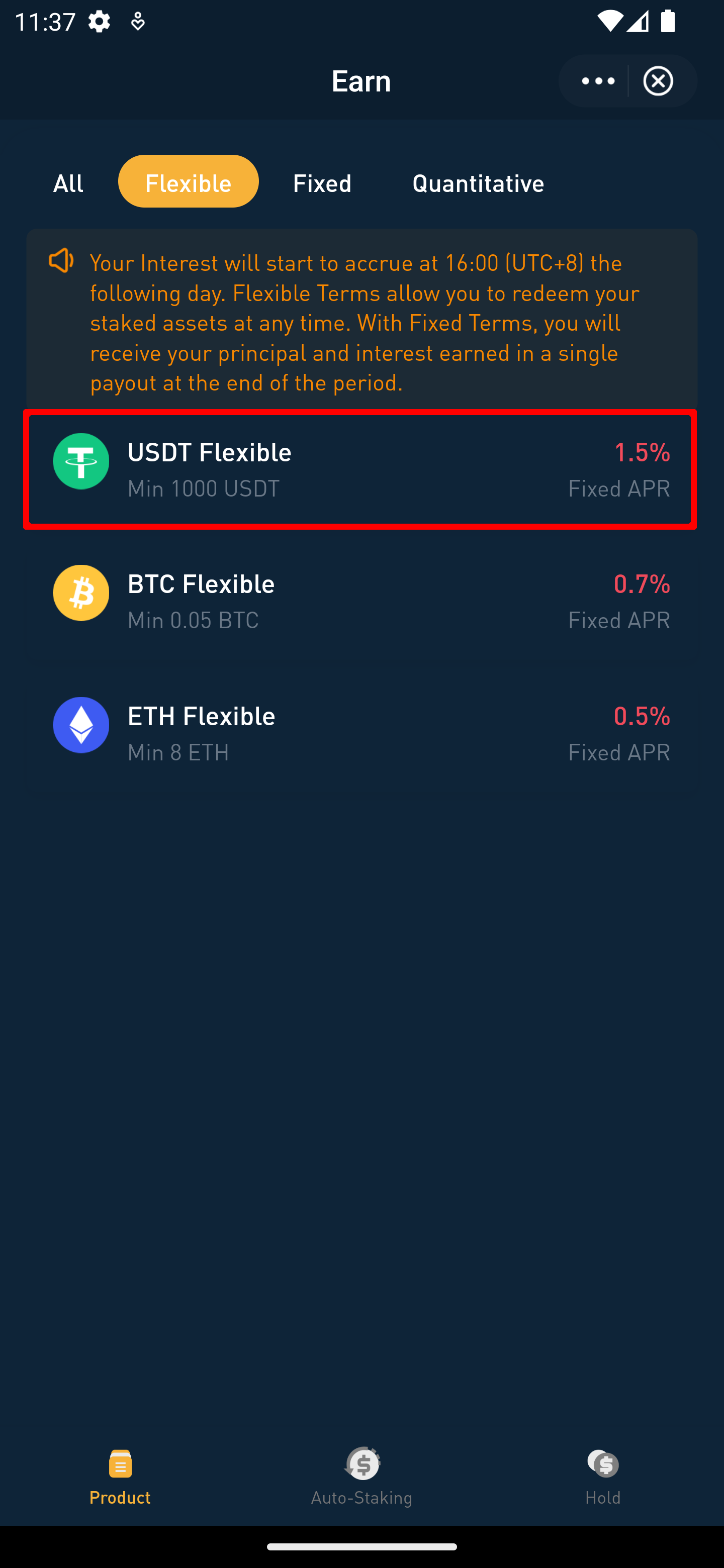 8v app earn flexible products with USDT flexible product highlighted