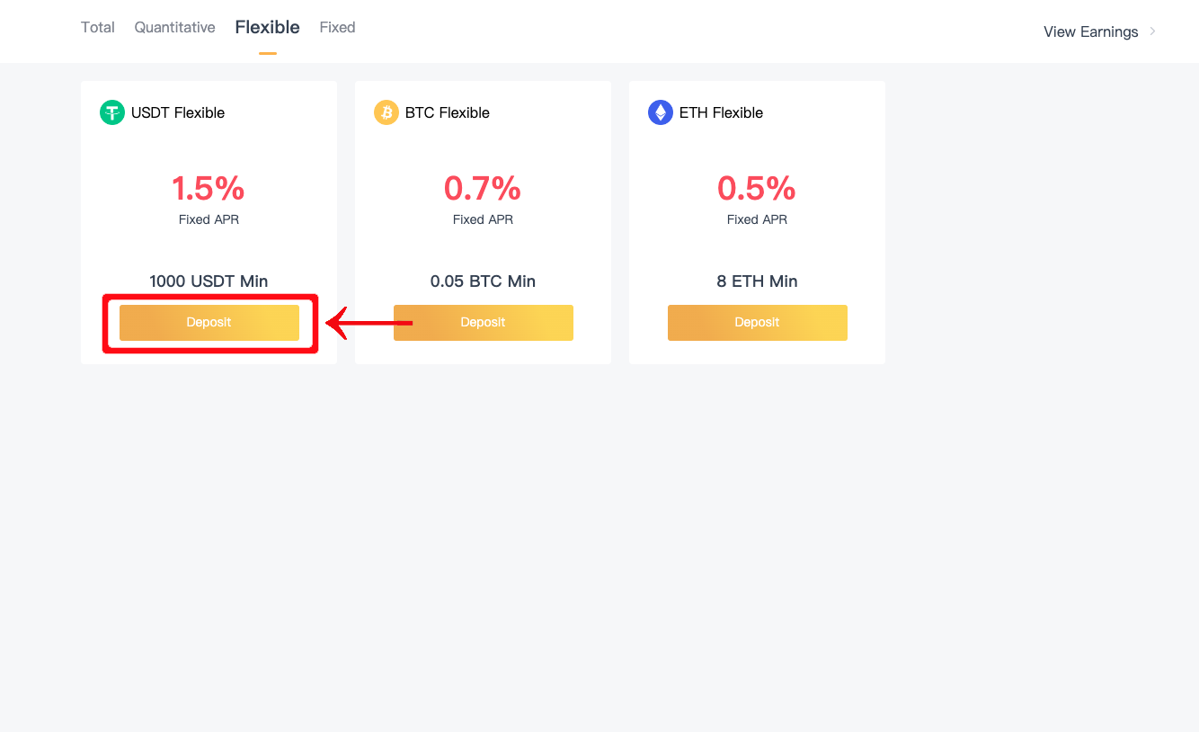 8v earn page flexible products with USDT flexible product deposit button highlighted