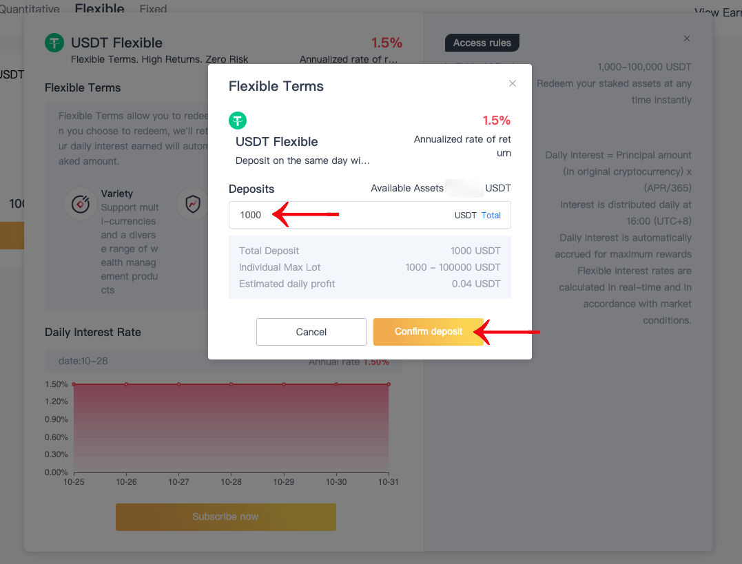 USDT flexible popup with enter amount and confirm deposit button highlighted