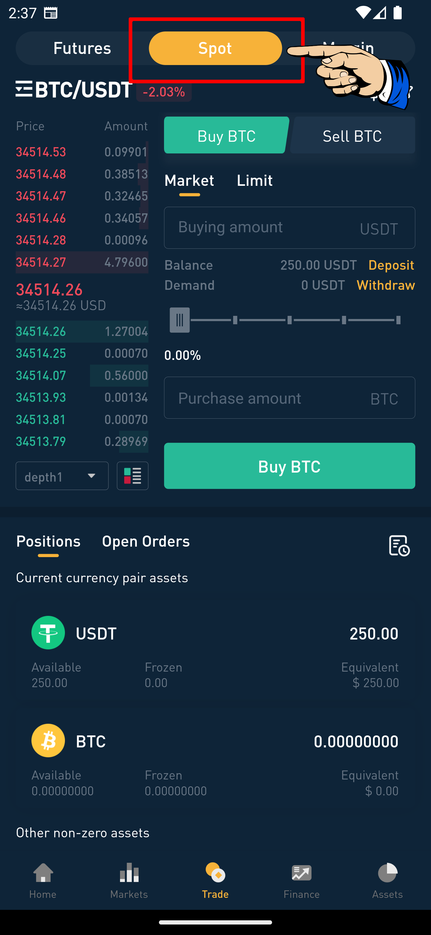screenshot of 8V app with Spot trade selection highlighted