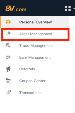 screenshot of 8v website personal overview page with asset management highlighted