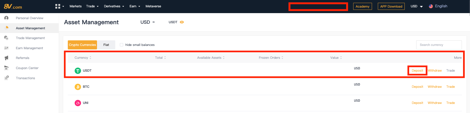 screenshot of 8v website asset management screen with usdt and deposit highlighted