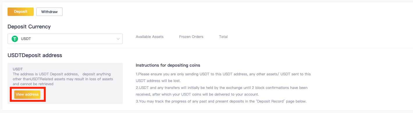 screenshot of 8v website usdt deposit screen with view address highlighted