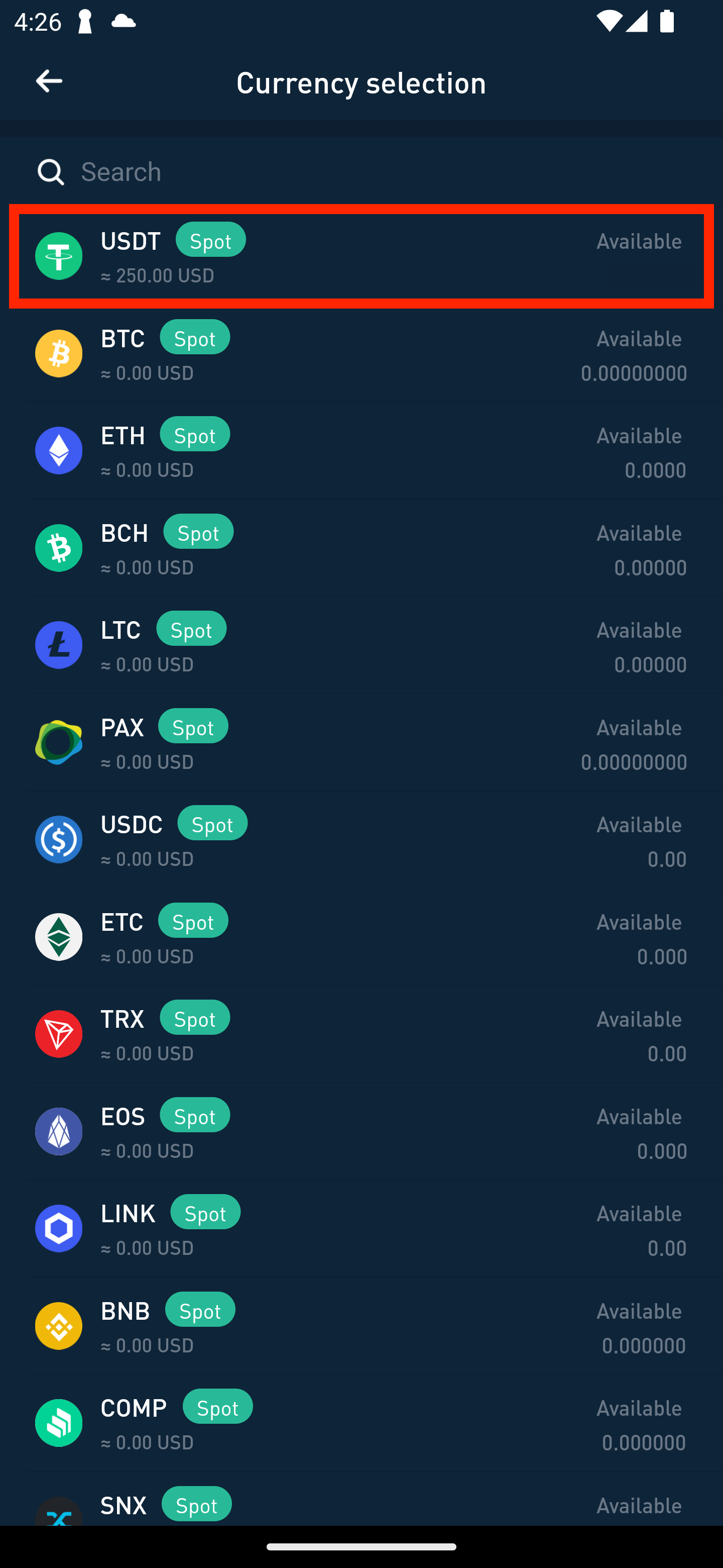 screenshot of 8V app deposit screen with USDT highlighted