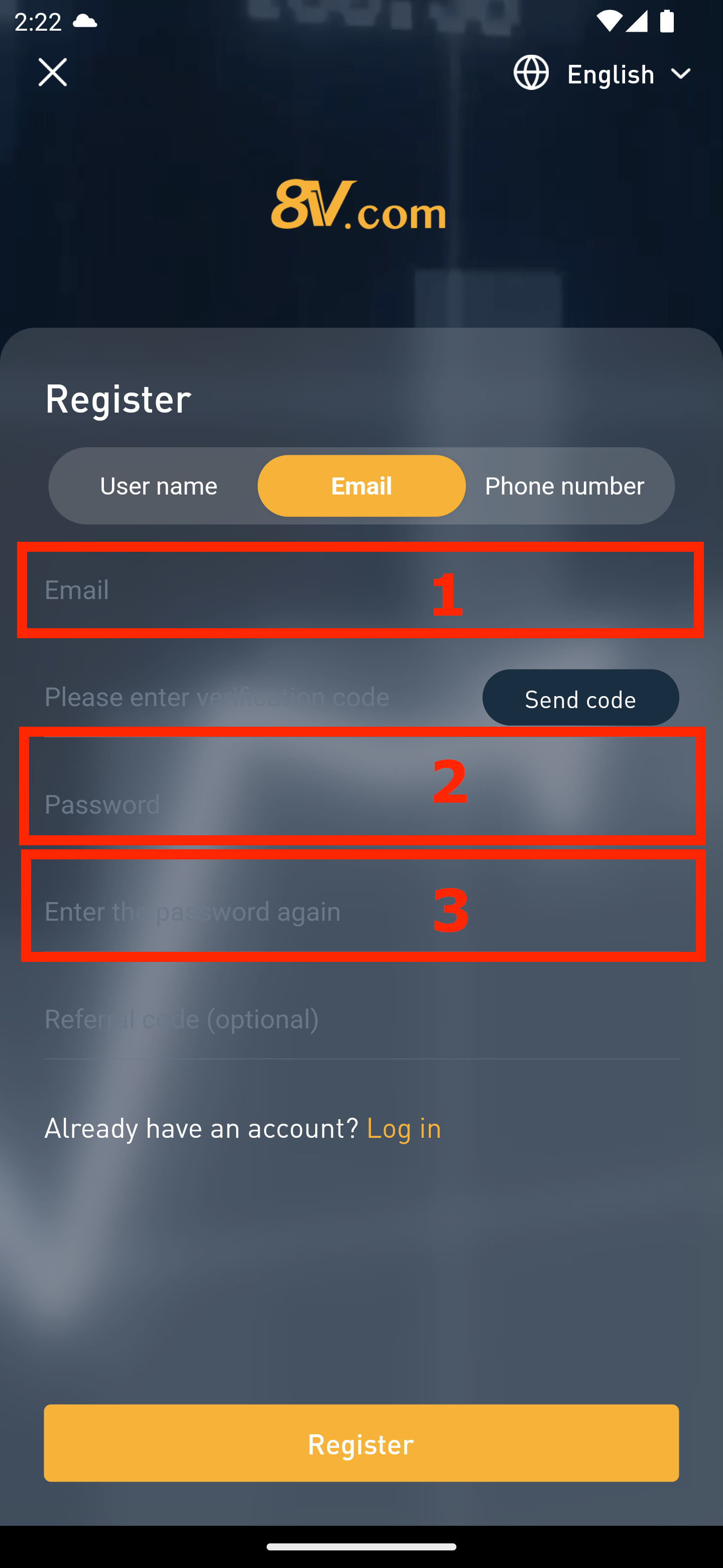 screenshot of 8v app register page with enter email enter password and retype password highlighted