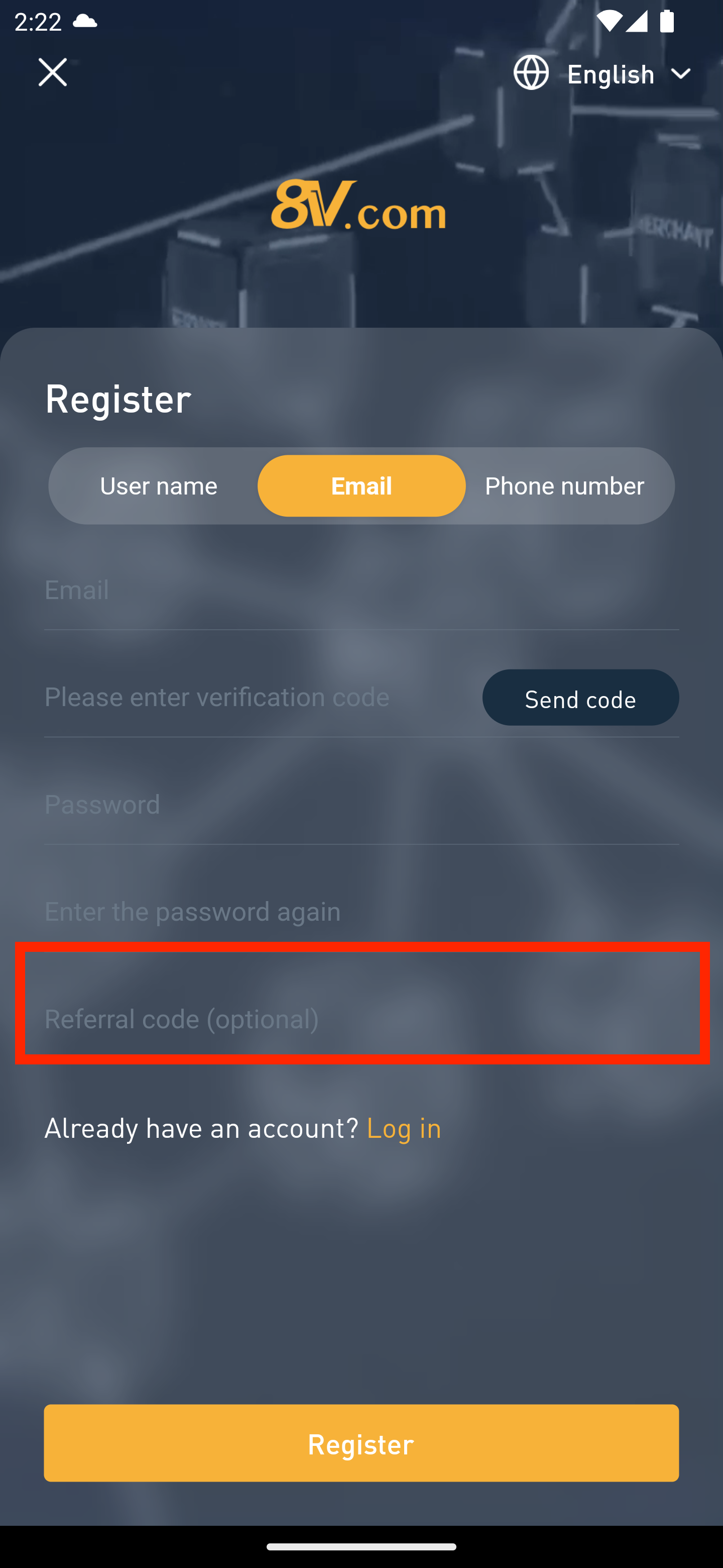 screenshot of 8v app register page with referral code highlighted