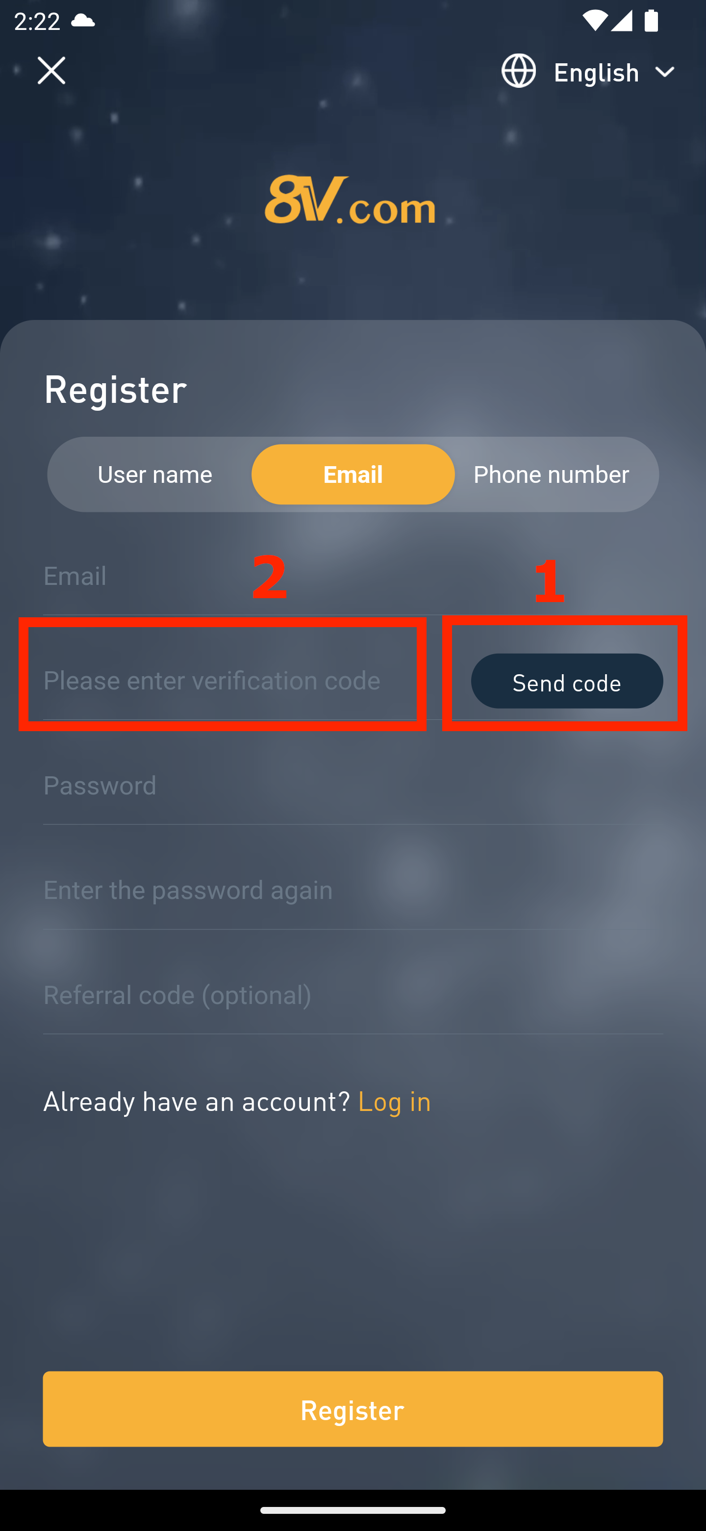 screenshot of 8v app register page with email verification and send code highlighted