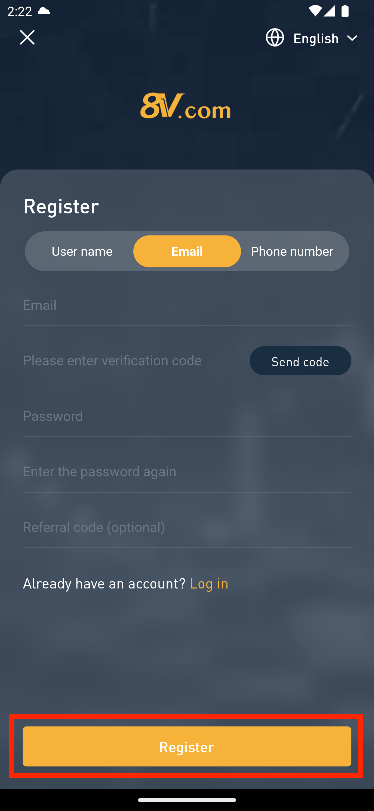 screenshot of 8V app register page with register button highlighted