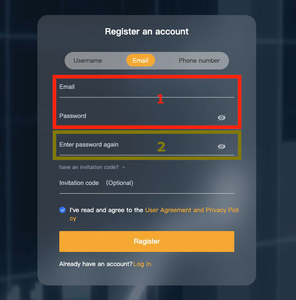 screenshot of 8V exchange web register page with email, password and retype password highlighted