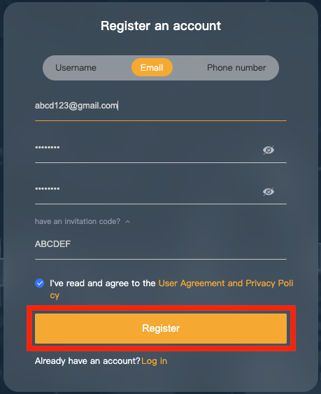 screenshot of 8V exchange register page with register button highlighted