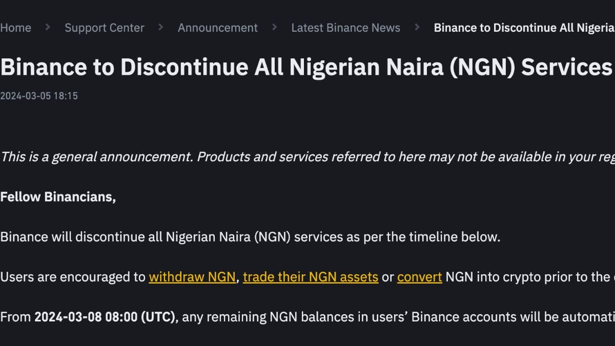 币安停止奈及利亚服务 当地帐户余额以1:1,515转换