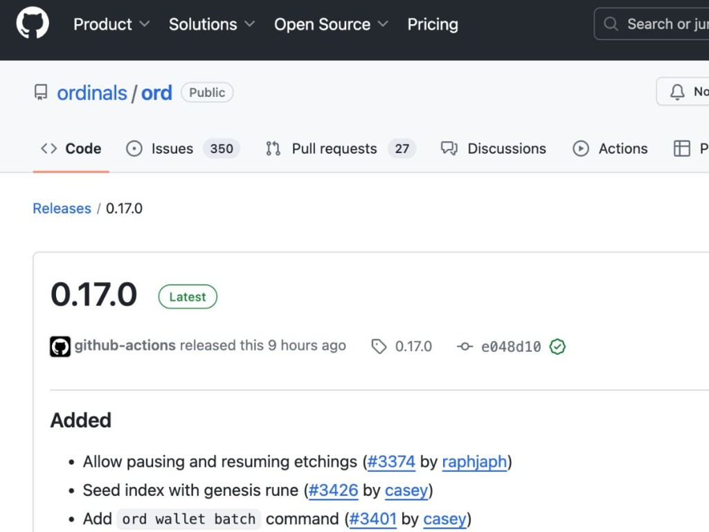 Ordinals 0.17.0 版本上線：強化銘⽂與符文開發功能