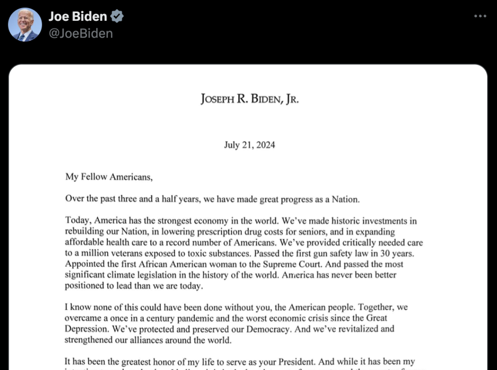 ​拜登退選！拜登退出美國總統選舉：傳下火炬