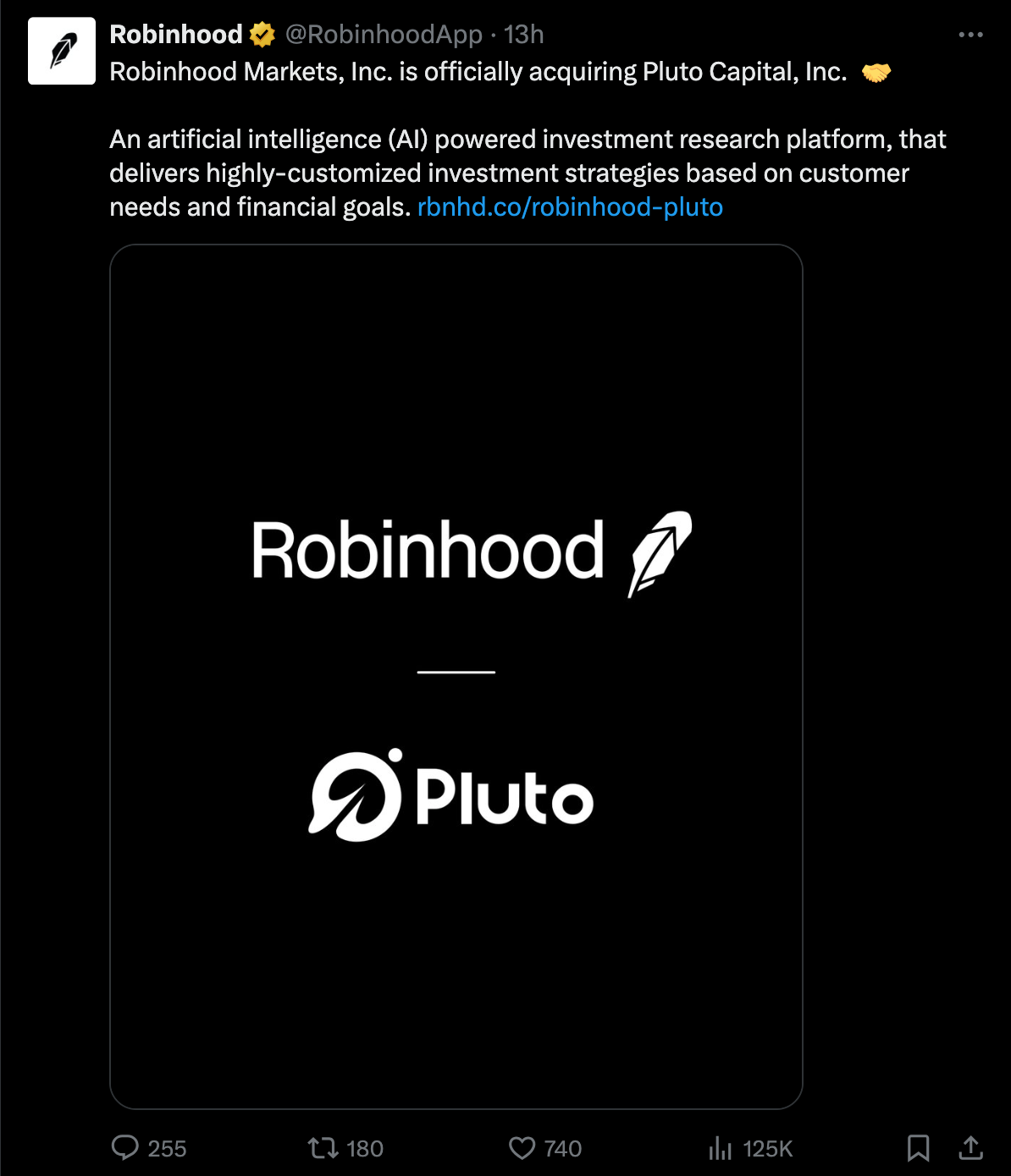 ​Robinhood收購AI投資研究工具Pluto，提供用戶數據分析、客製化投資策略