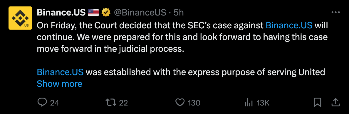 ​Binance.US回應SEC訴訟：SEC根本沒證據、模糊監管難以合規