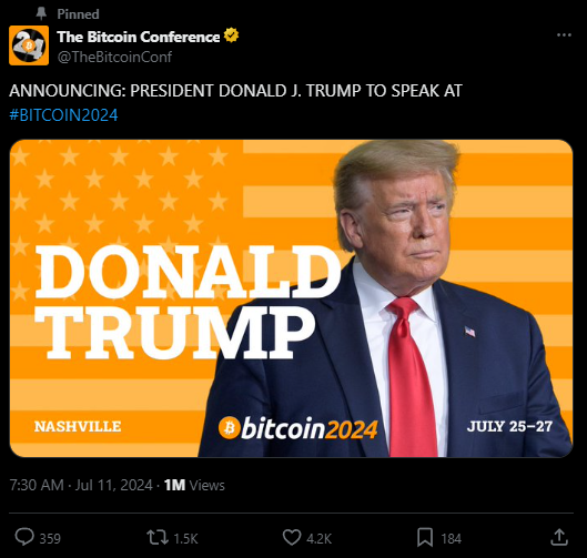 ​川普月底確認出席田納西州比特幣峰會，將發表30分鐘演講