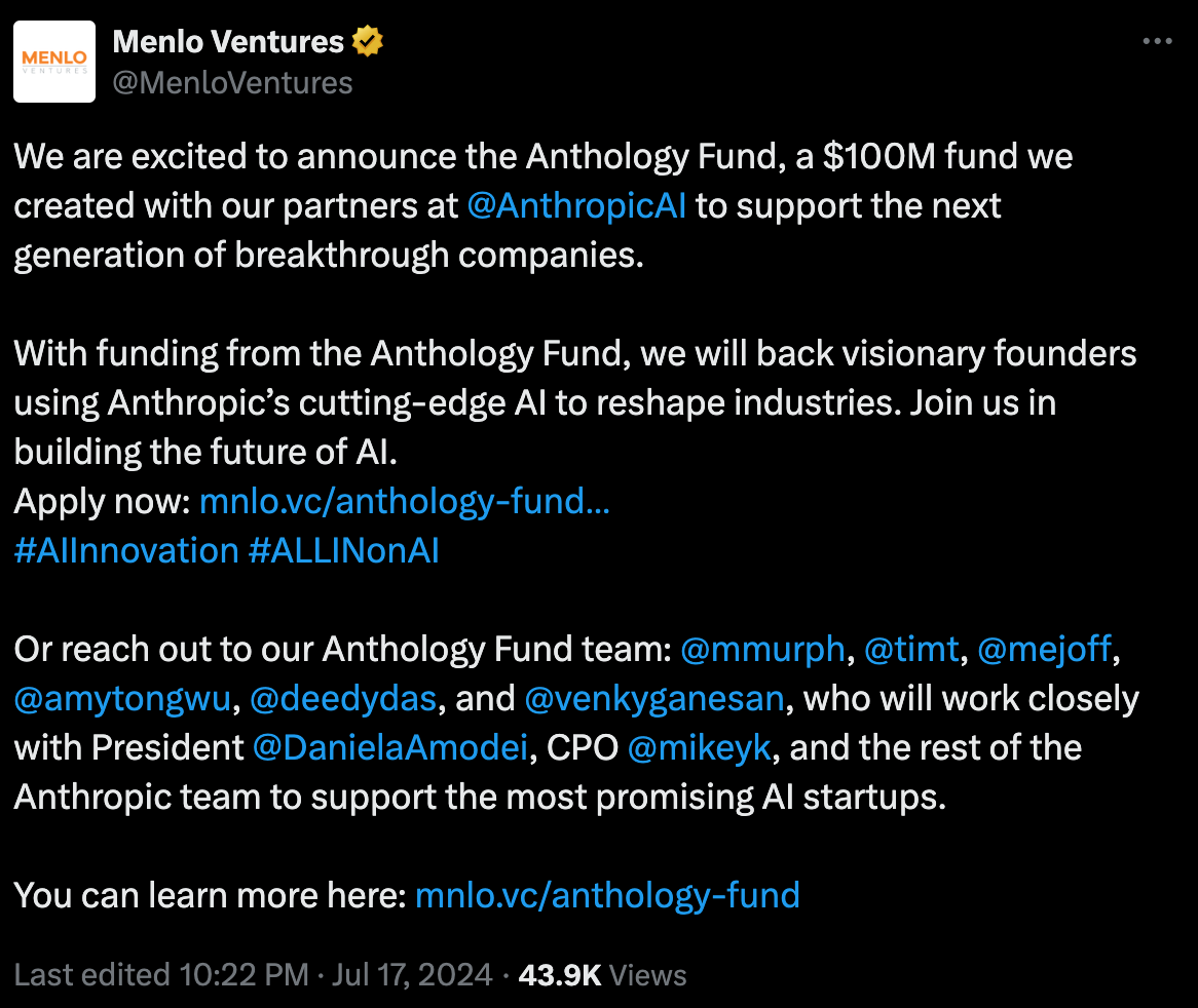 ​Anthropic攜手Menlo Ventures共同推出1億美元基金，加速開創性AI應用發展