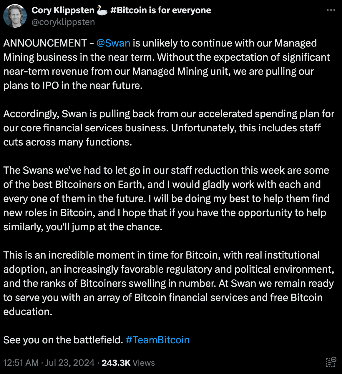 ​不敵減半壓力！比特幣投資公司Swan Bitcoin取消IPO計畫、關閉挖礦業務