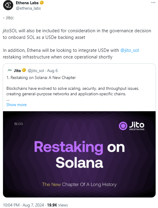 ​Ethena（USDe）登陸Solana，SOL、JitoSOL或將成為新抵押品