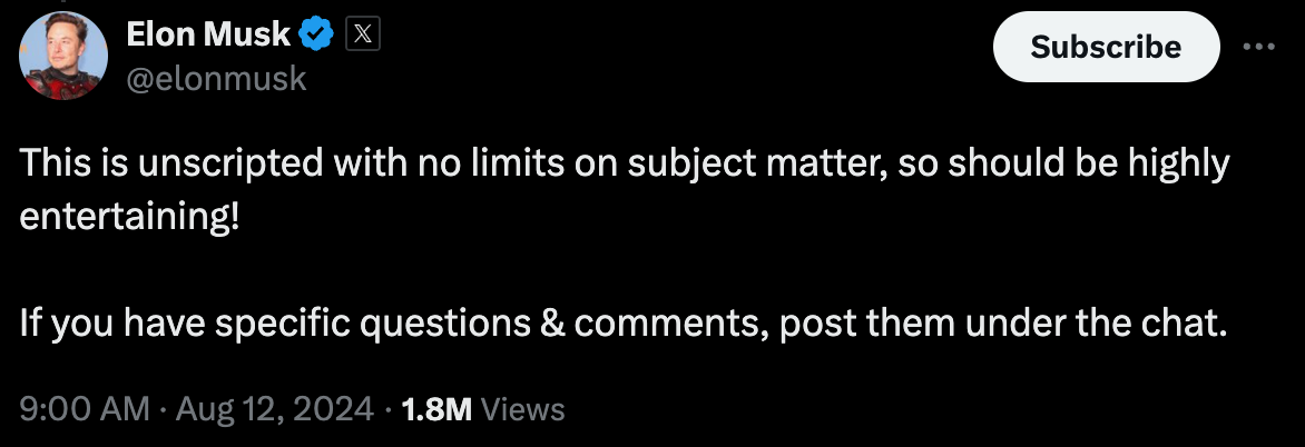 ​川普與馬斯克將於明早8:00共同直播：無訪綱及主題限制、娛樂保證！