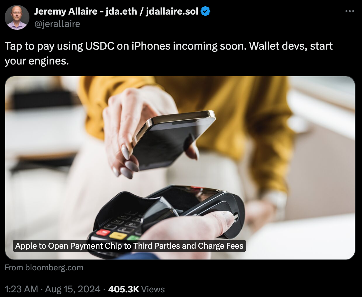 Apple開放NFC使用權,Circle執行長樂見:USDC感應支付即將推出