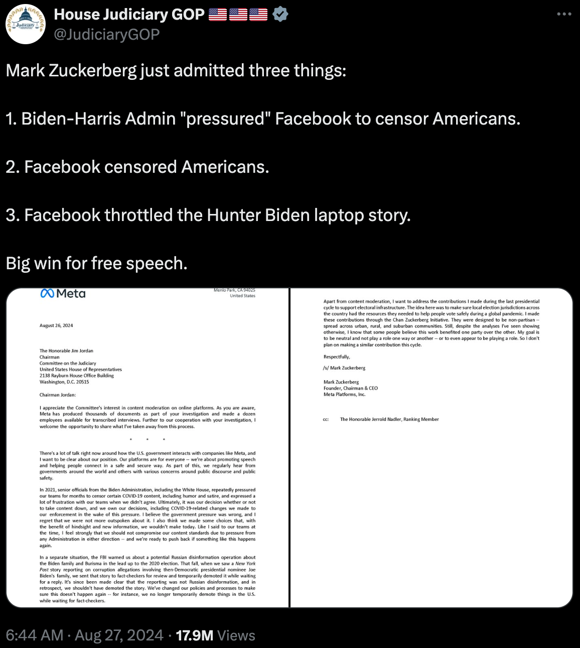 祖克柏爆拜登政府曾施壓審查美國內容、壓下兒子醜聞,坦言:很後悔配合