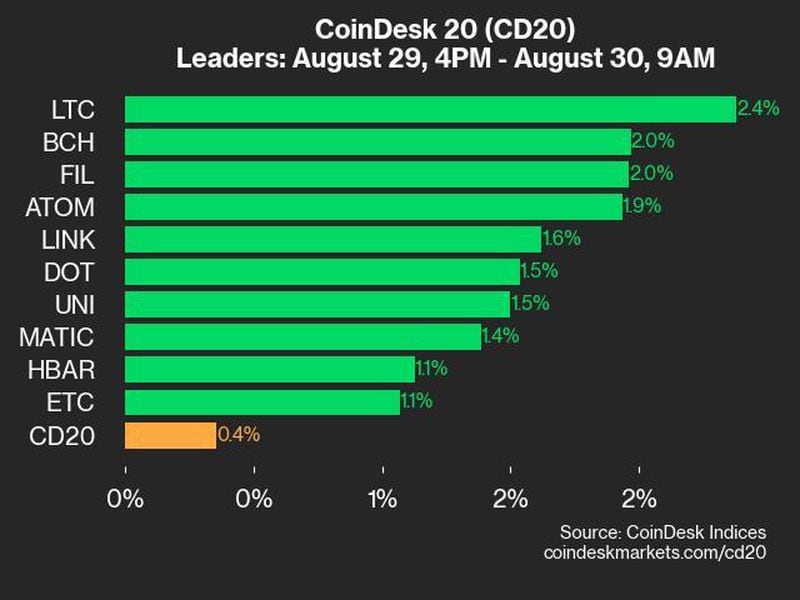 CoinDesk 20 Performance Update: LTC and BCH Take the Lead as Index Increases by 0.4%