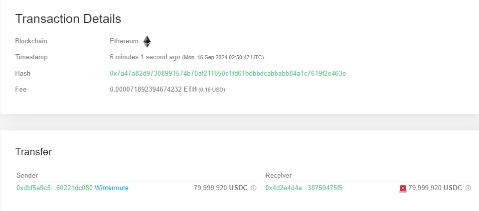 数据：近 8 千万枚 USDC 从 Wintermute 转至未知钱包