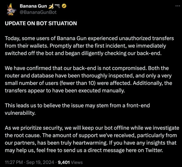 Banana Gun 團隊調查錢包被盜事件,Telegram 機器人已下線