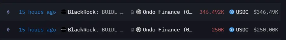 数据：贝莱德 BUIDL Fund 向 Ondo Finance 转入近 60 万枚 USDC